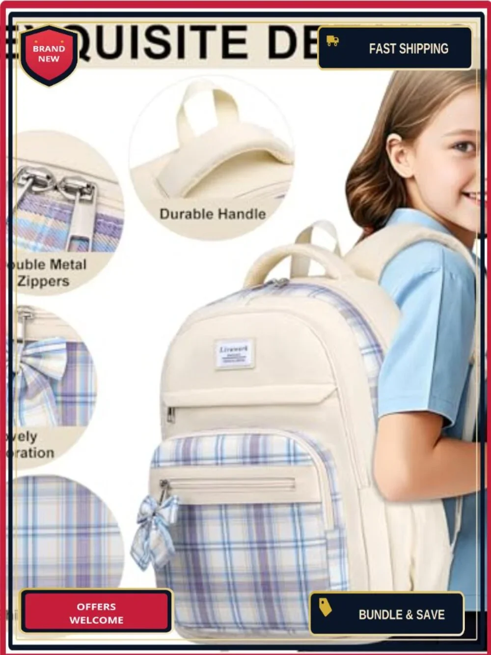 Vintage Plaid Laptop Backpack for Women Girls, 15.6 Inch, Water Resistant, Cute